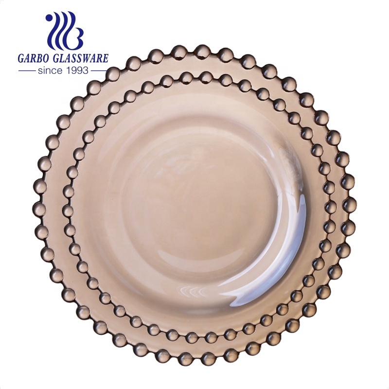 Luxury factory custom 12.6 inches clear wedding glass plate with bead design glass plates wholesale silver beaded charger plate