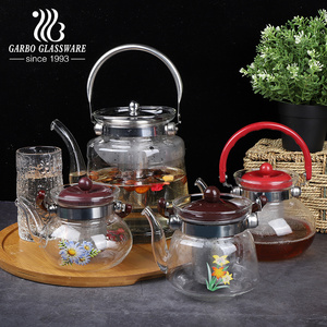 Small MOQ mouth blowing large tea flower glass pot heat resistant borosilicate glass tea pot with stainless steel infuser