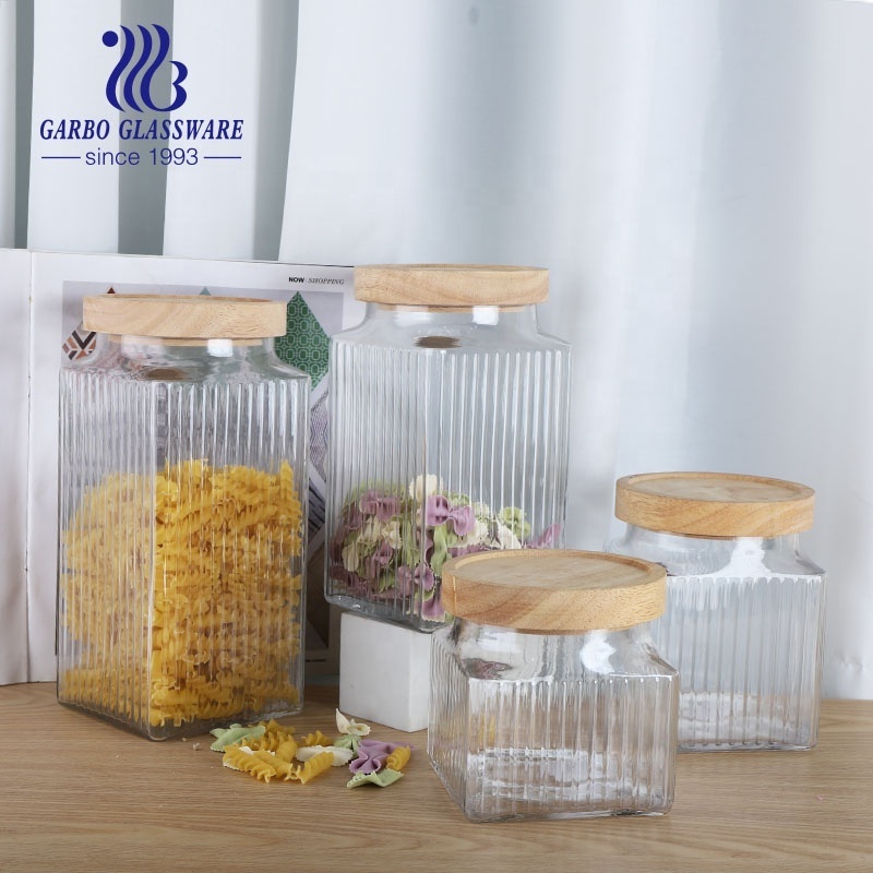 hot sale Bamboo Lids Glass Kitchen Pantry Square Food Jars and Canisters Sets Glass Food Storage Containers with Lids Wide Mouth