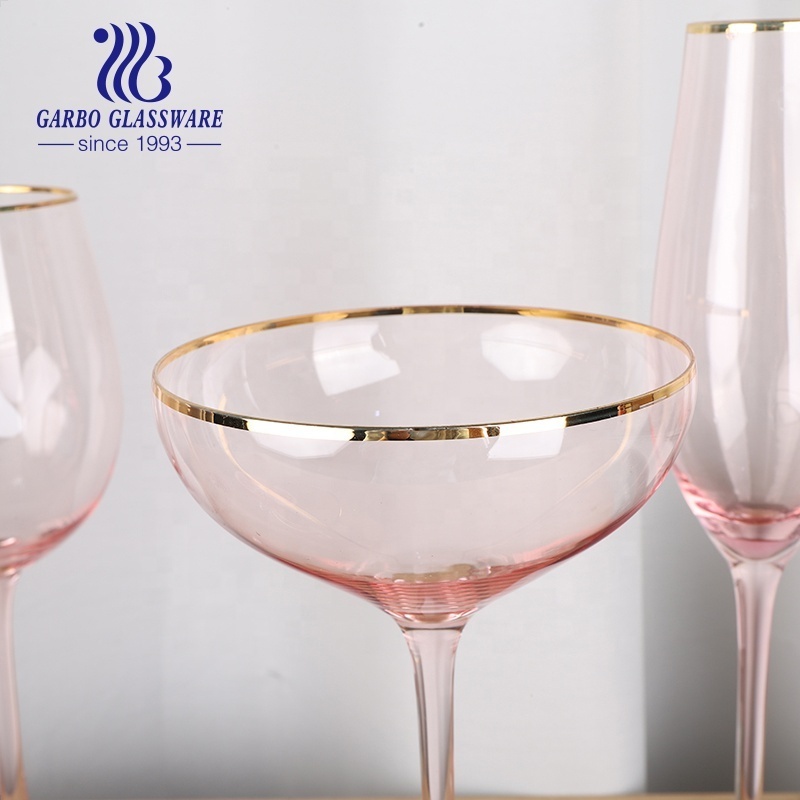 Pink color cocktail glasses gold rim martini glass with stem customized spray colors wine glass goblets for wedding