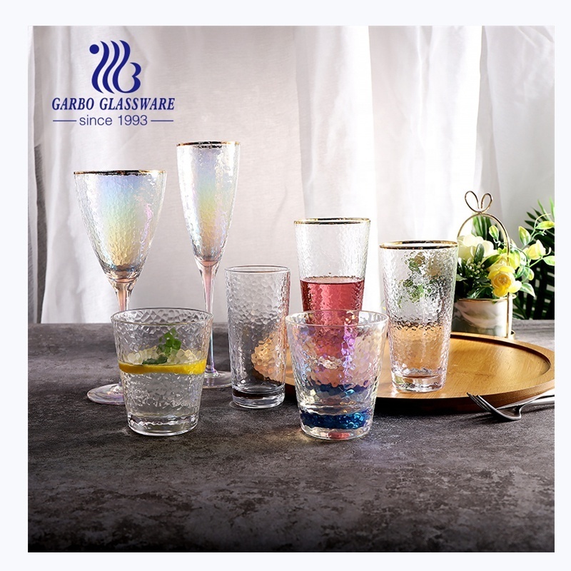 hammer pattern glass cups colorful glass stemware juice water wine whisky drinking glasses with gold rim