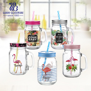 Hot sale 450ml flamingo designs glass juice mason jars with mental lid and colorful plastic straws