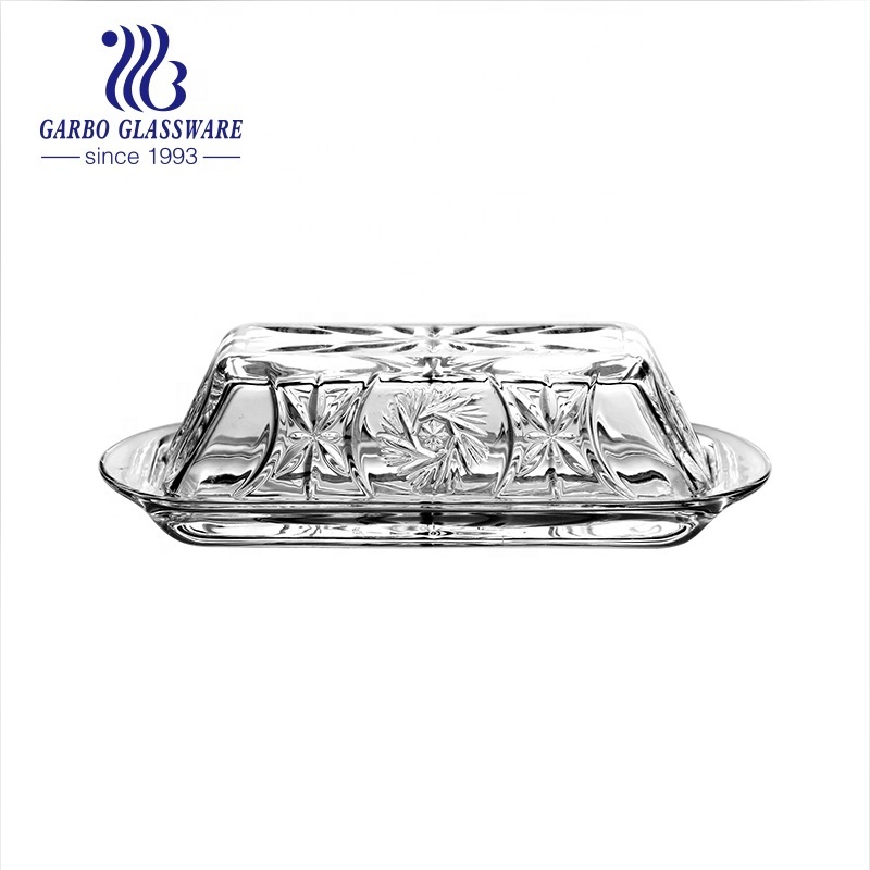 Embossed Decor Classic Butter Serving Dish Clear Cheese Sugar Glass Plate Butter Dish with Cover Rectangle Glass Butter Dish