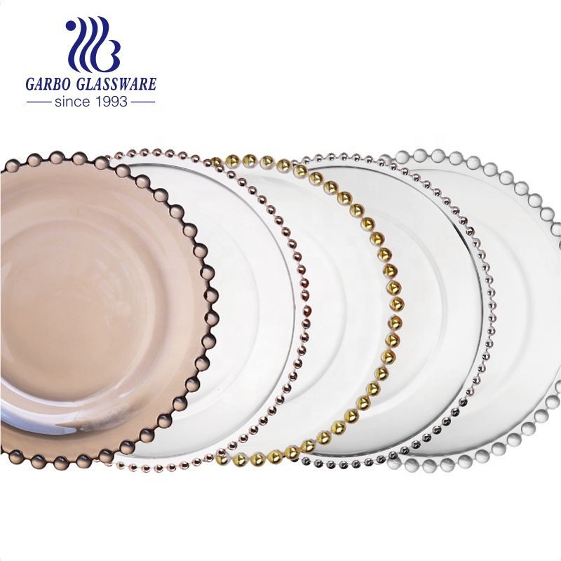 Luxury factory custom 12.6 inches clear wedding glass plate with bead design glass plates wholesale silver beaded charger plate