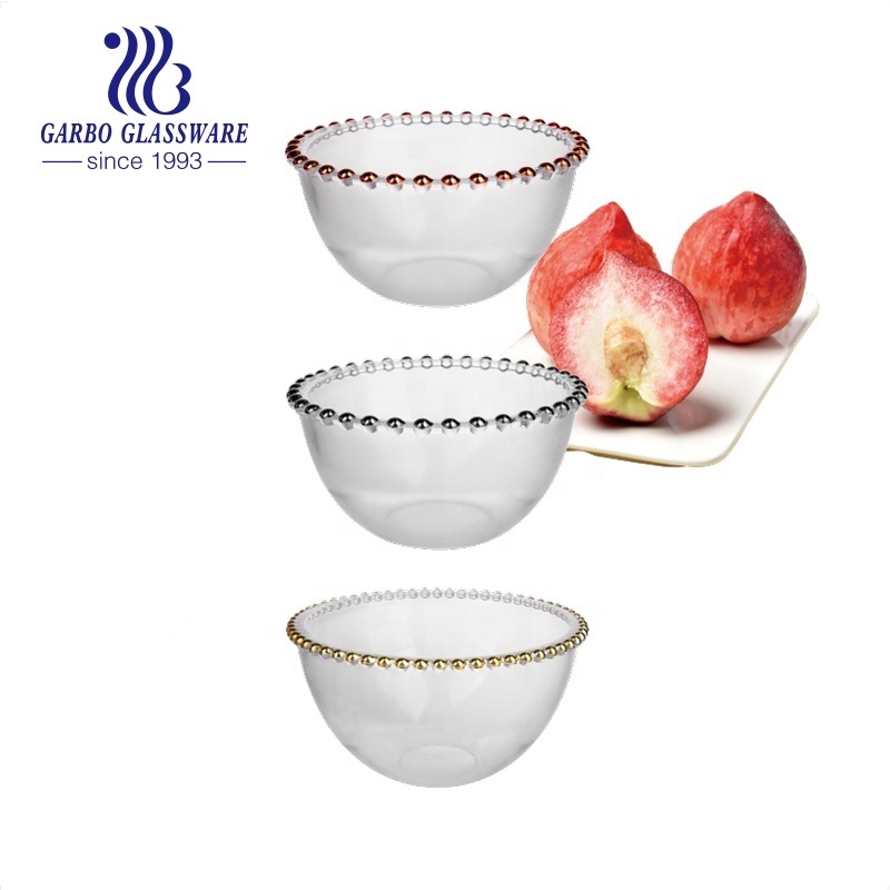 Wholesale Customized Large Beaded Edge Glass Serving Bowl With Golden Silver Rose Golden Beaded Designed Glass Mixing Salad Bowl