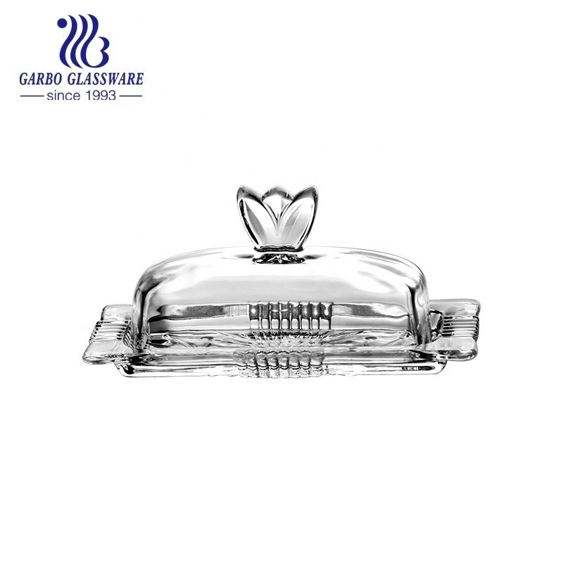 Embossed Decor Classic Butter Serving Dish Clear Cheese Sugar Glass Plate Butter Dish with Cover Rectangle Glass Butter Dish