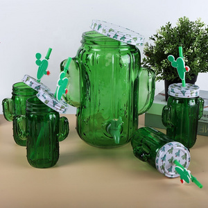 5L Juice Dispenser Sets Cactus Shape Juice Drinking Set With 4pcs 450ml Mason Jars For Juice Lemonade Drinking Glass Jar Set