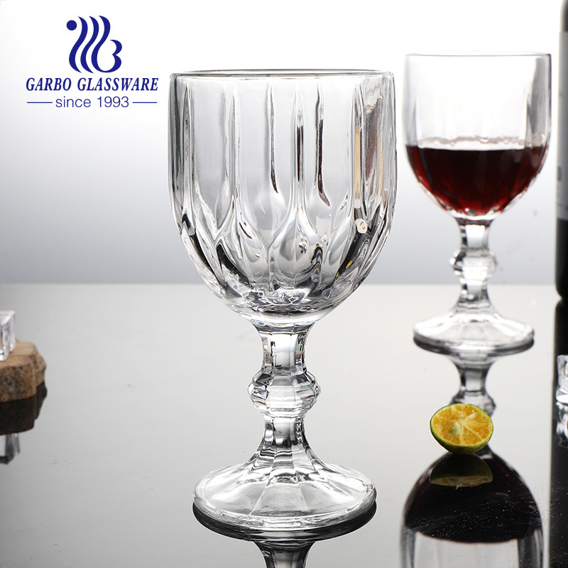 Hot sell cheap price 300ml clear embossed wine glass goblet for bar restaurant banquet glass goblet pewter wine goblets