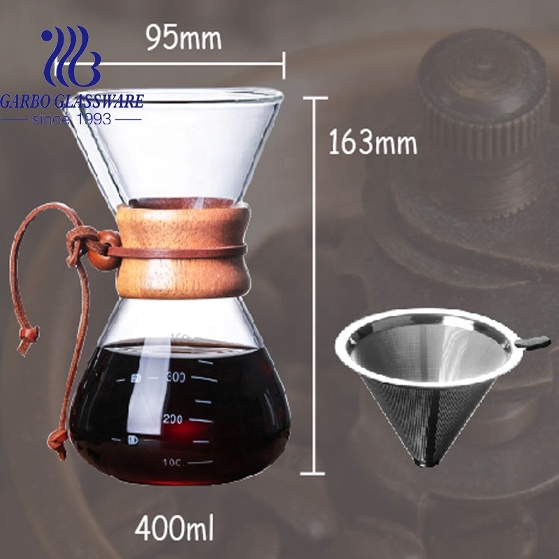 High Borosilicate Glass Drip Pour Over Coffee Maker With Wood Collar Carafe Heat Resistant Coffee Filter Pour Glass Coffee Maker