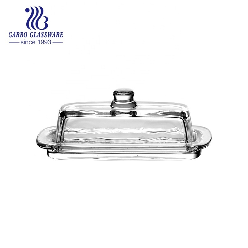 Embossed Decor Classic Butter Serving Dish Clear Cheese Sugar Glass Plate Butter Dish with Cover Rectangle Glass Butter Dish