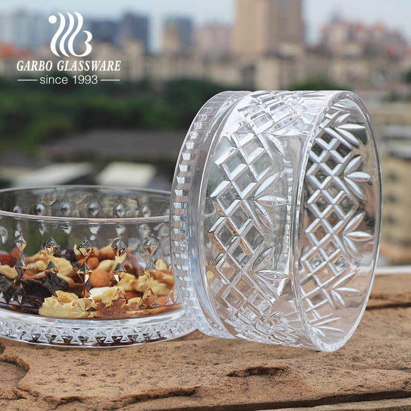 Top Seller Turkish Design Glass Bowl Popular Engraving Glass Nut Salad Bowl 4.5inch 460ml High White Clear Embossed Salad Bowl