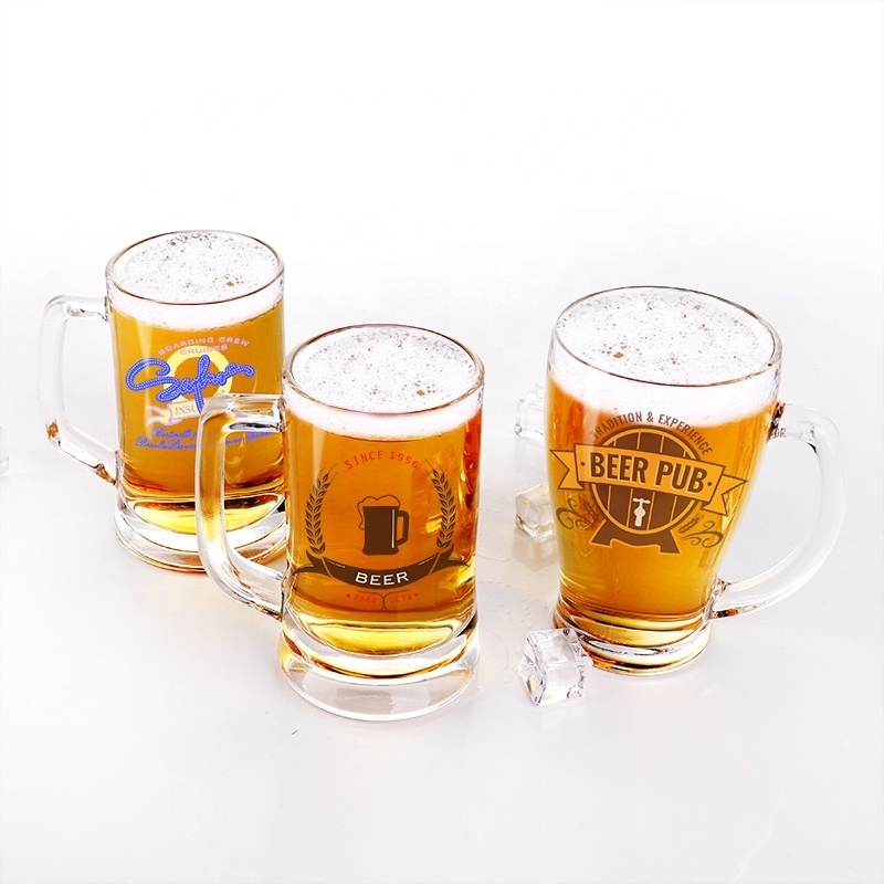 Wholesale glassware cheap 200ml glass beer mug stein with handle custom transparent engraved glass handle cup for drinking water