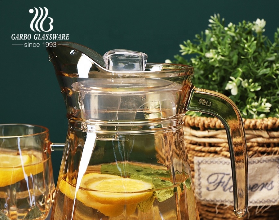 Stock golden Diamond cold water glass set with lid 5pcs glass jug set ion-plating gold colored drinking glass jug set with mugs