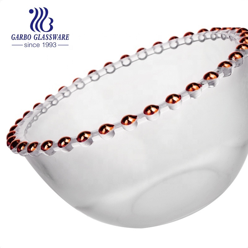 Wholesale Customized Large Beaded Edge Glass Serving Bowl With Golden Silver Rose Golden Beaded Designed Glass Mixing Salad Bowl