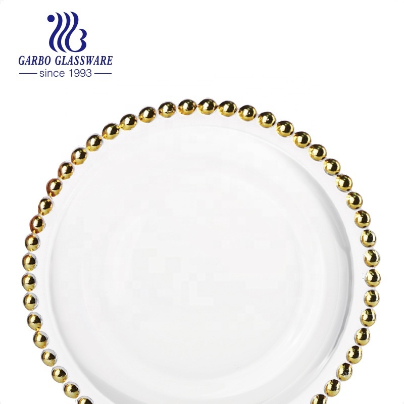 Luxury factory custom 12.6 inches clear wedding glass plate with bead design glass plates wholesale silver beaded charger plate