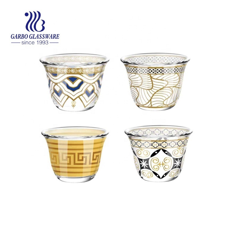 Luxury Ramadan Custom Gold Decal Arab Cawa Glass Cup 55ml 2oz Mini 6pcs 12pcs Tea Coffee Cup Set with Gift Box Glass Cawa Cup