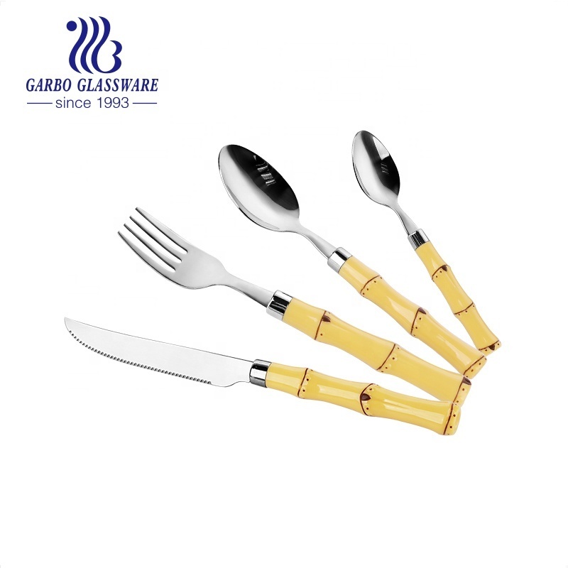 Stainless steel cutlery with plastic bamboo handle design cutlery golden color blade spoon knife and fork set for South-America