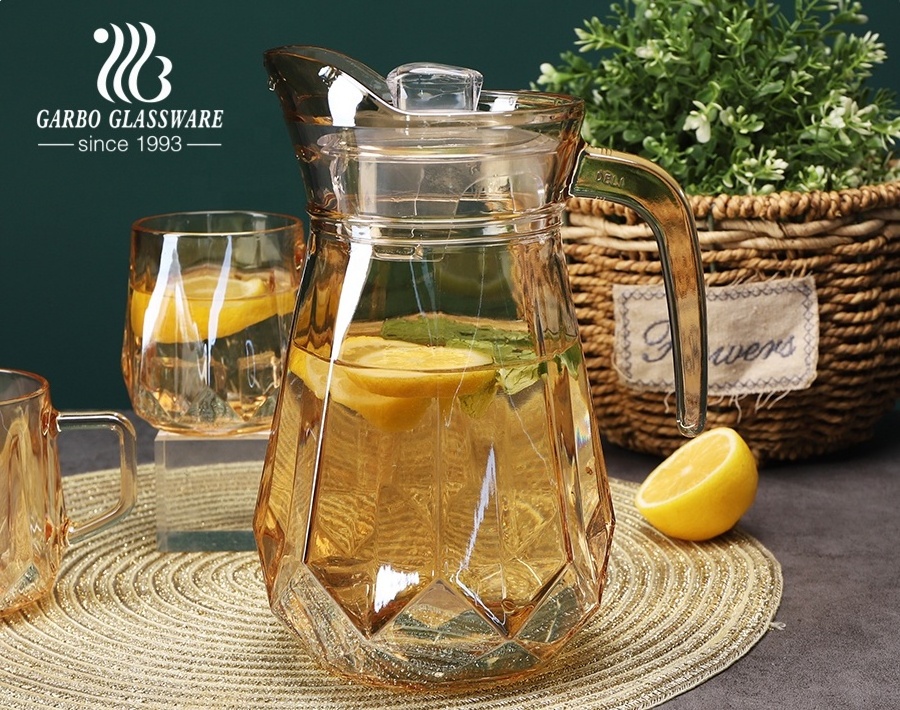 Stock golden Diamond cold water glass set with lid 5pcs glass jug set ion-plating gold colored drinking glass jug set with mugs