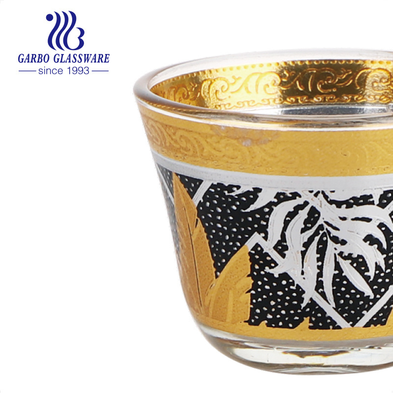 Luxury Ramadan Custom Gold Decal Arab Cawa Glass Cup 55ml 2oz Mini 6pcs 12pcs Tea Coffee Cup Set with Gift Box Glass Cawa Cup