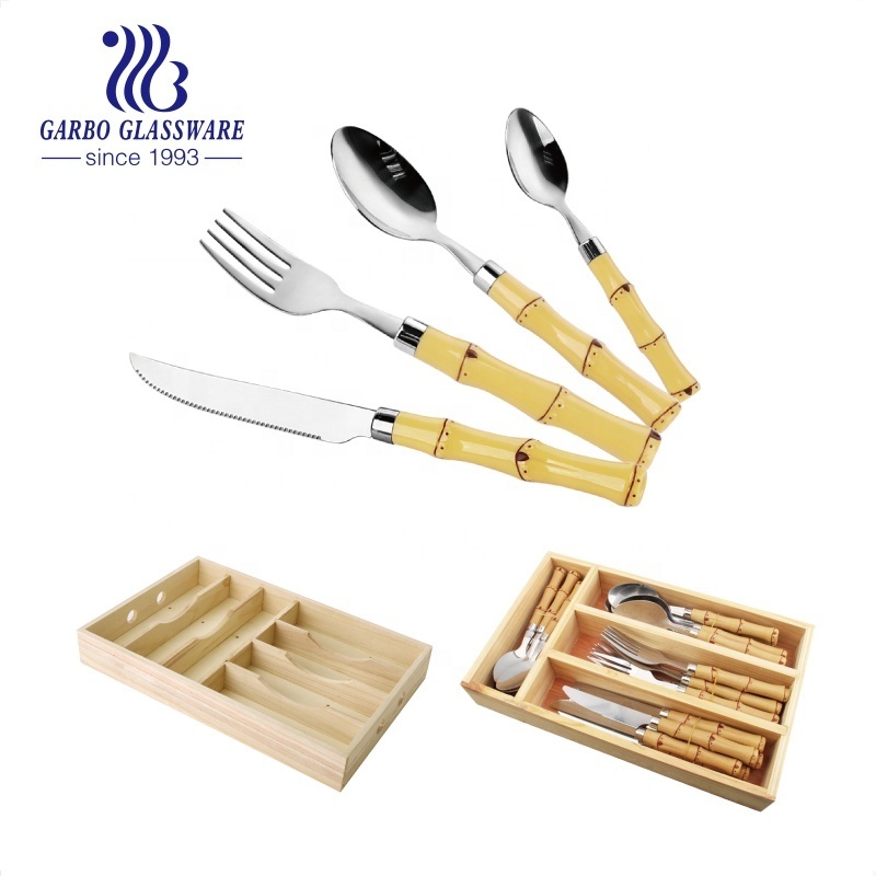 Stainless steel cutlery with plastic bamboo handle design cutlery golden color blade spoon knife and fork set for South-America