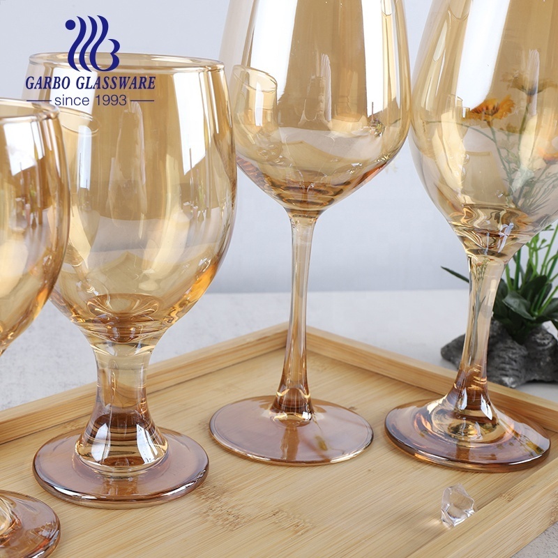 Different shapes wine glasses for party red wine one piece glass goblets ion plating amber gold color wine glass for hotel