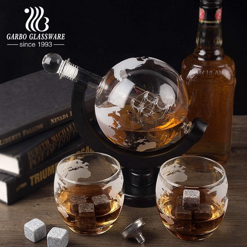 Popular Hot Sale New Product Vodka plane ship Glass Wine Whisky Globe Decanters With 2 4 Whiskey Glass With Funnel and Spigot