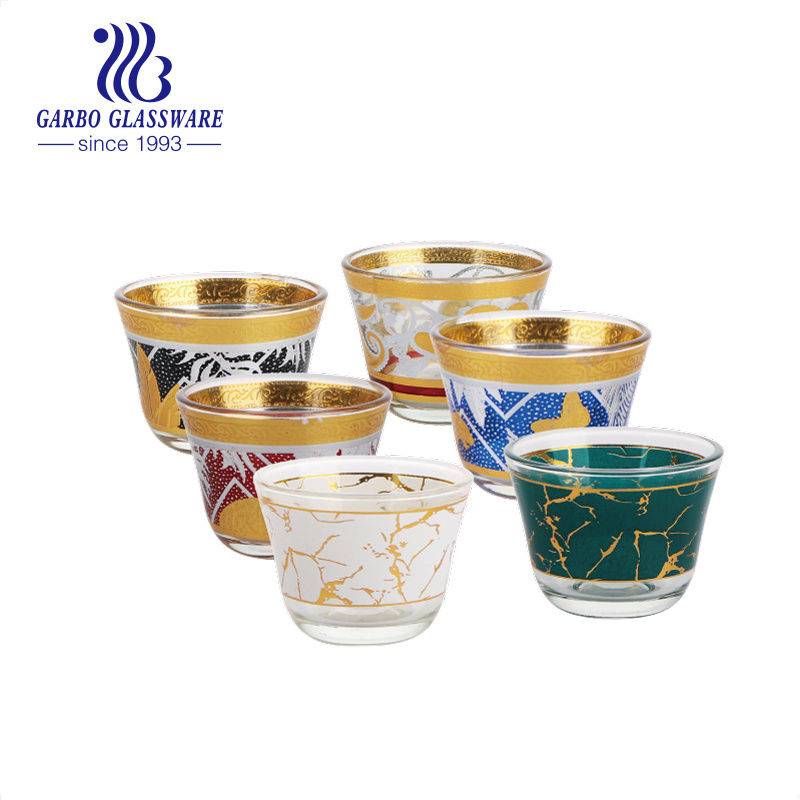 Luxury Ramadan Custom Gold Decal Arab Cawa Glass Cup 55ml 2oz Mini 6pcs 12pcs Tea Coffee Cup Set with Gift Box Glass Cawa Cup