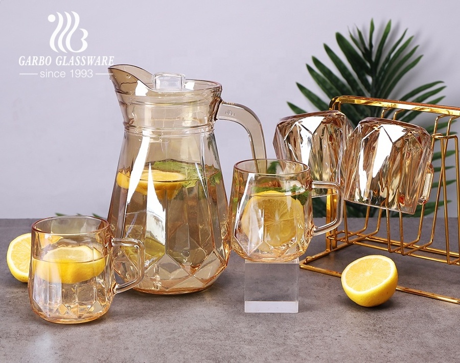 Stock golden Diamond cold water glass set with lid 5pcs glass jug set ion-plating gold colored drinking glass jug set with mugs