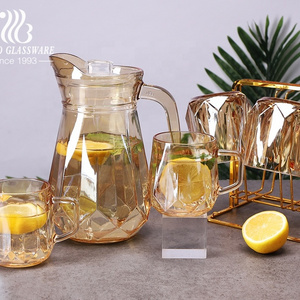 Stock golden Diamond cold water glass set with lid 5pcs glass jug set ion-plating gold colored drinking glass jug set with mugs