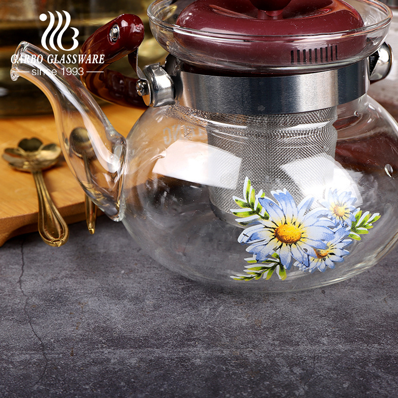 Small MOQ mouth blowing large tea flower glass pot heat resistant borosilicate glass tea pot with stainless steel infuser