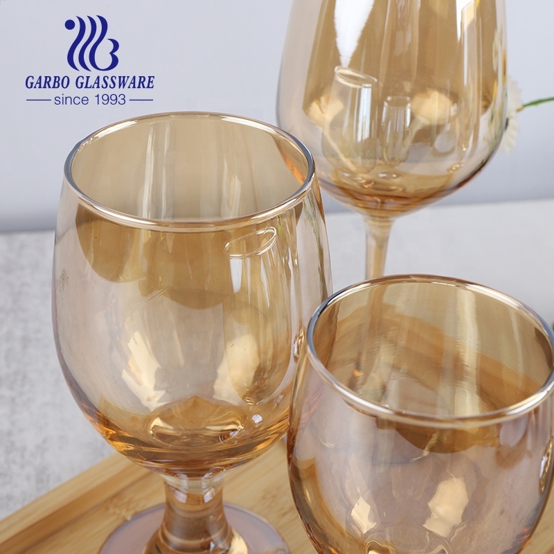 Different shapes wine glasses for party red wine one piece glass goblets ion plating amber gold color wine glass for hotel