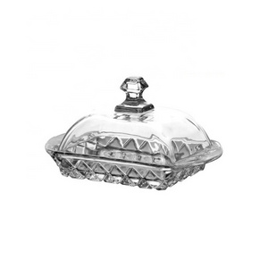 Embossed Decor Classic Butter Serving Dish Clear Cheese Sugar Glass Plate Butter Dish with Cover Rectangle Glass Butter Dish