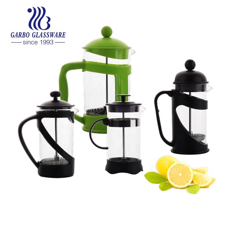 Popular 350/600/800ml Insulated Black PP Heat-resistant Glass France Coffee Maker French Press With Plunger and plastic handle