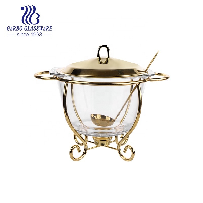 Wholesale factory direct other hotel restaurant supplies food warmer set round display hot pot with lid and spoon golden silver