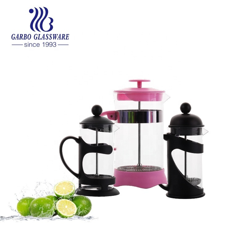 Popular 350/600/800ml Insulated Black PP Heat-resistant Glass France Coffee Maker French Press With Plunger and plastic handle