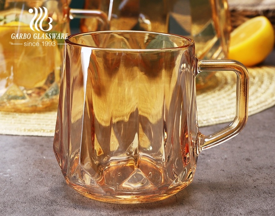 Stock golden Diamond cold water glass set with lid 5pcs glass jug set ion-plating gold colored drinking glass jug set with mugs