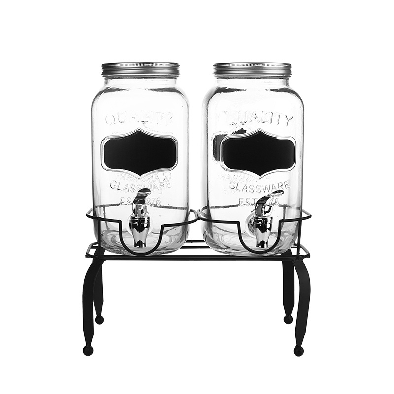 China hot sale high quality twins 4L glass beverage dispenser with plastic tap and iron stand