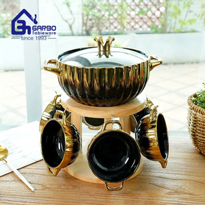 Ceramic soup pot with glass lid 6 small soup bowls with Handles home tableware serving golden black soup pot and bowl sets