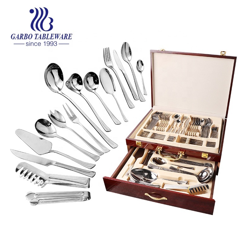 Household utensils high class 18/10 stainless steel cutlery set kitchenware set with wooden case two layer serving tableware set