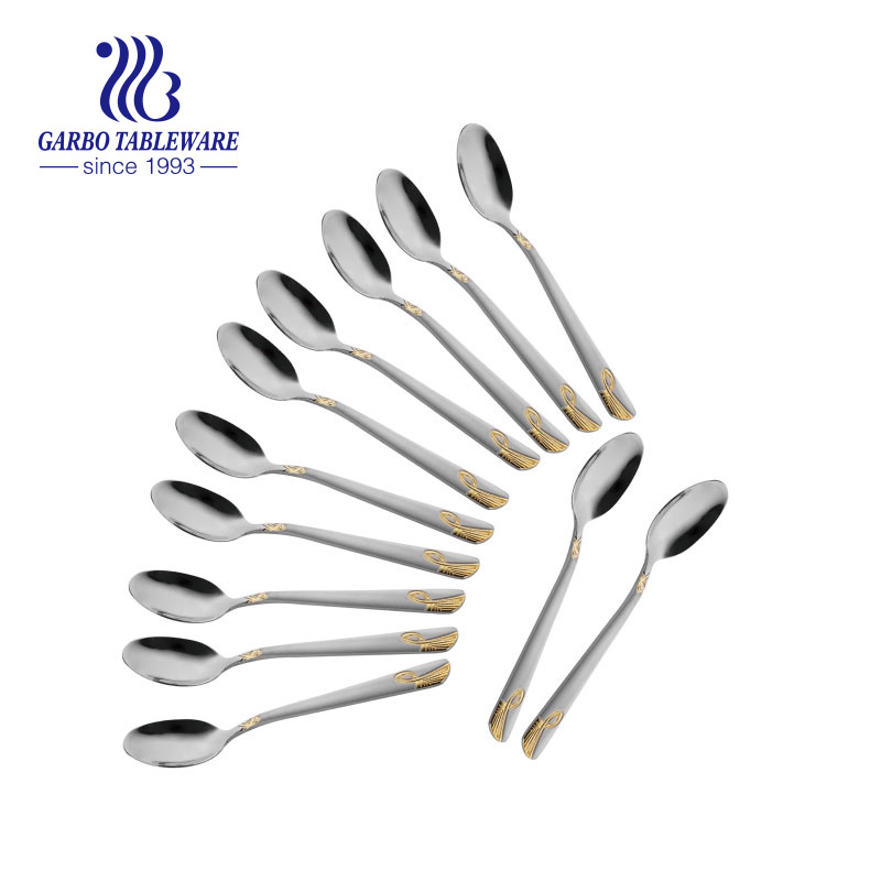 Promotion silverware dinner soup spoon stainless steel 201 mirror polished cutlery electroplating golden handle Spoon 6pcs set