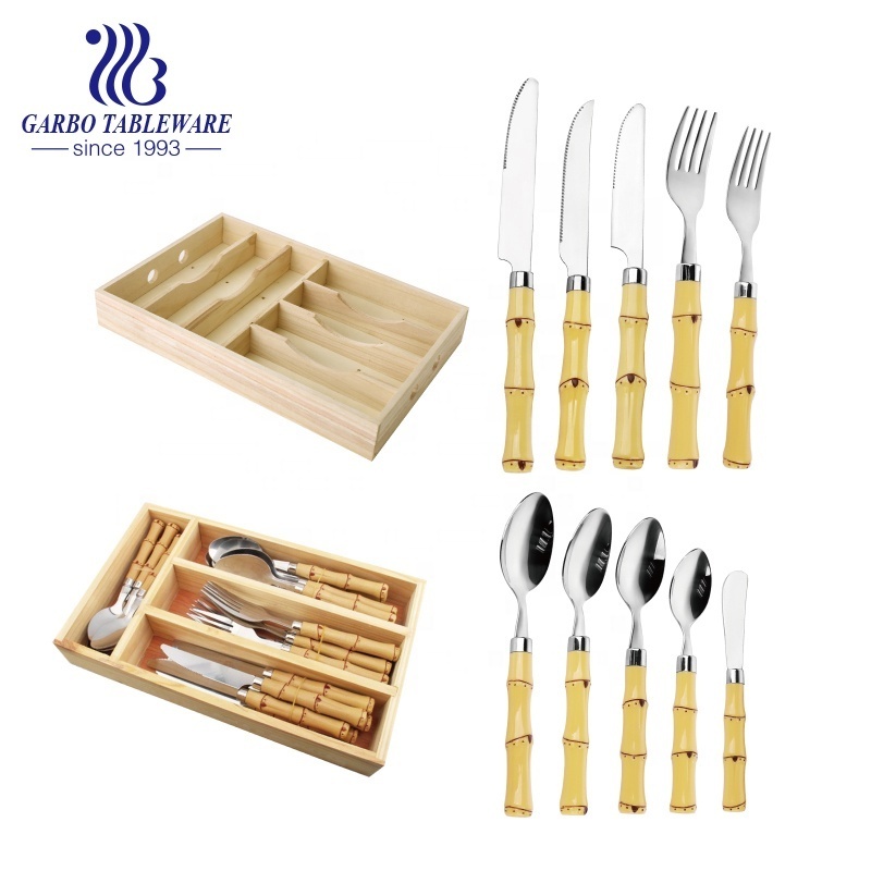 Brazil Latin Wholesale Stainless Steel Reusable Cutlery Fork Knife Dinner Spoon Set 24 Pcs with PP Bamboo Handle and Wooden Box