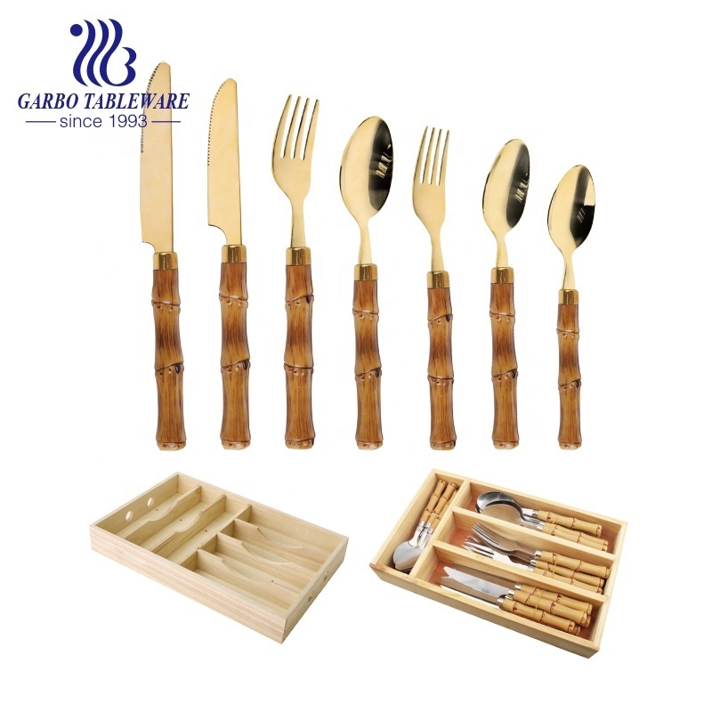 Brazil Latin Wholesale Stainless Steel Reusable Cutlery Fork Knife Dinner Spoon Set 24 Pcs with PP Bamboo Handle and Wooden Box