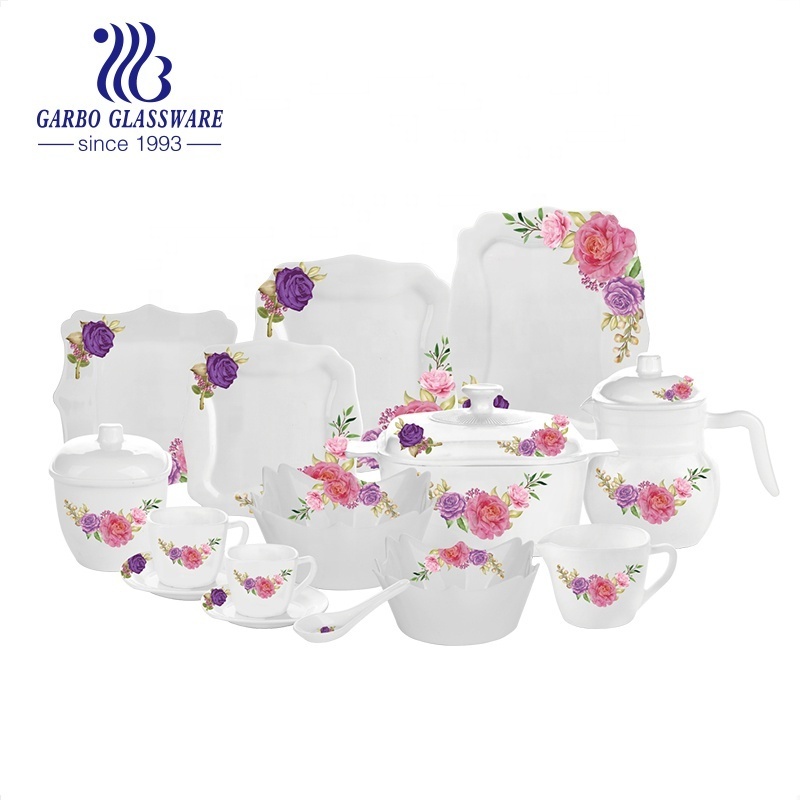 Hot selling 64 pcs square white opal glassware dinner set wholesale durable home using glass tableware set with custom decal