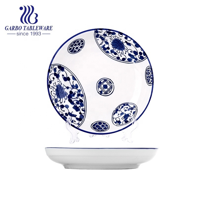 Wholesale Stylish dinnerware 7.4 inch ceramic plate with customize under color glazed printed blue flower dessert plates