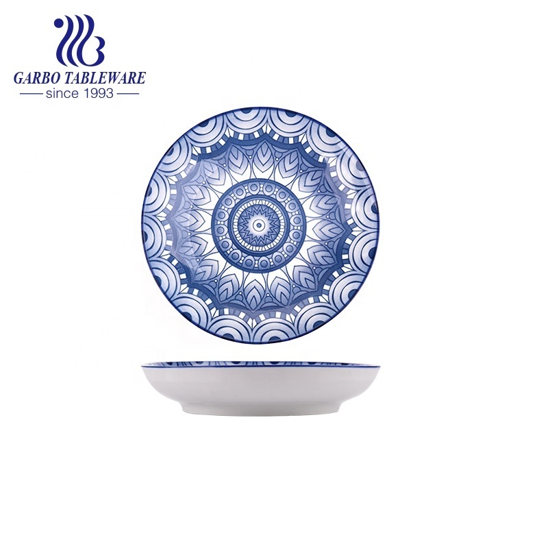 Wholesale Stylish dinnerware 7.4 inch ceramic plate with customize under color glazed printed blue flower dessert plates