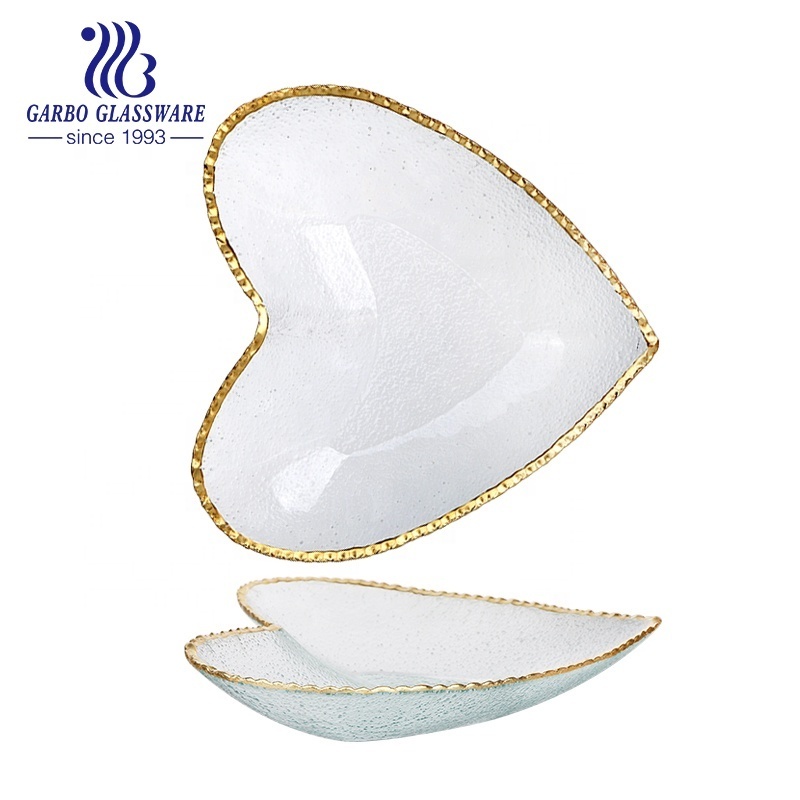 Heart shaped glass serving dish with gold rim for Valentines Day Dessert Plate Trimmed in gold seasonal gift unique glass plates