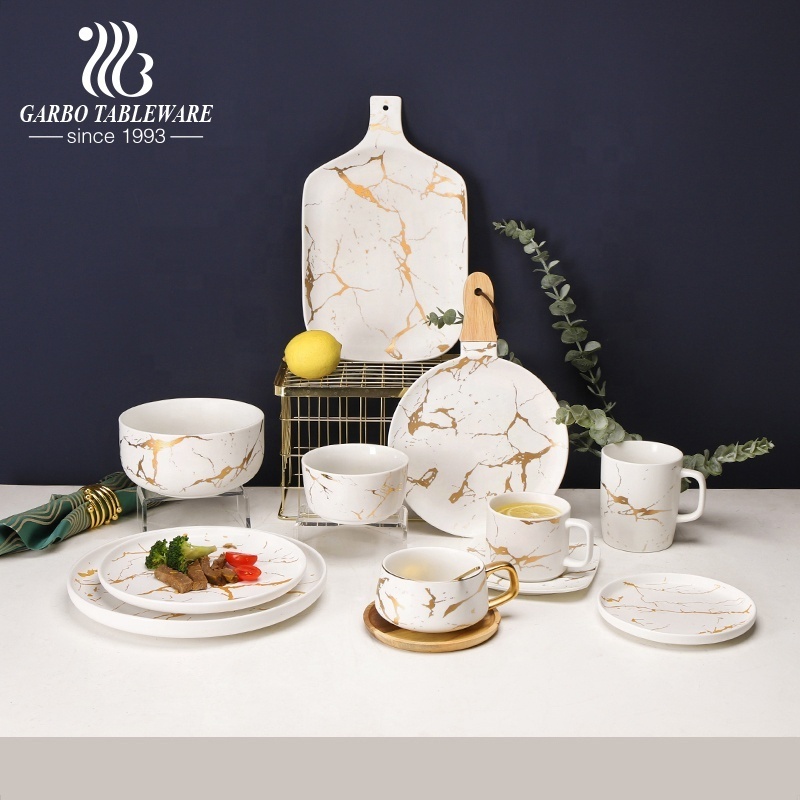 Home custom unique white marble design with gold vein ceramic tableware luxury porcelain dinnerware sets for dinning