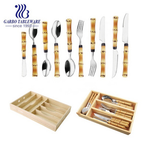 Brazil Latin Wholesale Stainless Steel Reusable Cutlery Fork Knife Dinner Spoon Set 24 Pcs with PP Bamboo Handle and Wooden Box