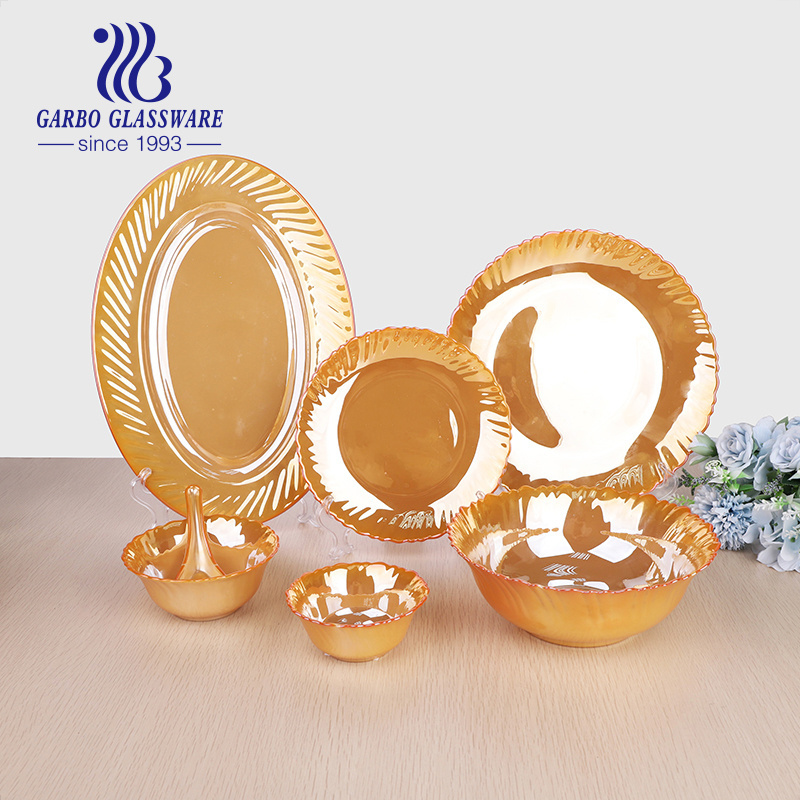 Tempered Opal Glass Tableware Heat -Resisting Color Box Packing 33pcs Iron Electroplating Opal Dinner Set Opal Plate Bowl Set