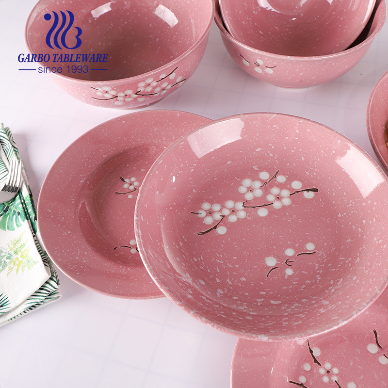 Japan Style Porcelain Dinnerware Pink Color Sakura Dinner Set Hand Painted Decal Ceramic Tableware Set Plates Bowls Porcelain